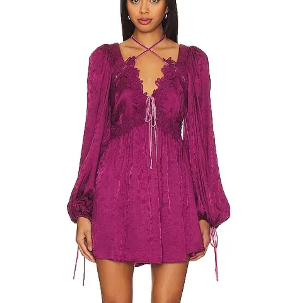For Love & Lemons Henley Mini Dress Purple Lace-Up brocade peasant NWOT XL